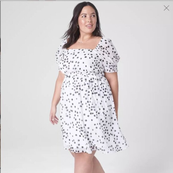 Lane Bryant Dresses & Skirts - Lane Bryant Smocked Cuff-Sleeve Square-Neck Fit & Flare Dress - Polka Dots NWT